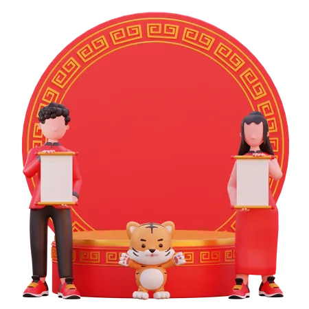 Man and woman holding invitation card 3D Illustration