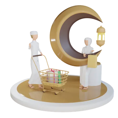 3 D Man And Woman Muslim Shopping 3D Illustration