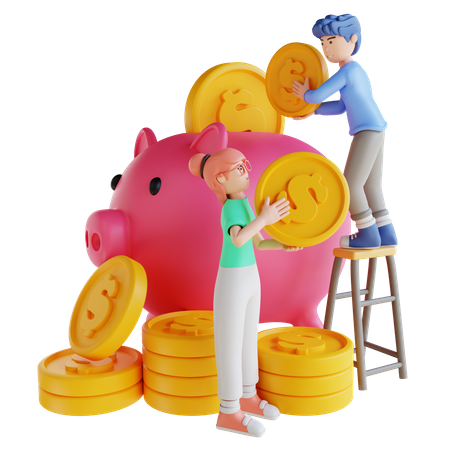 Man and woman saving money  3D Illustration