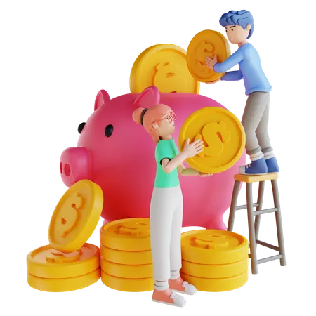 Man and woman saving money  3D Illustration