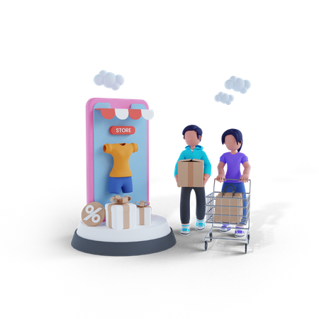 Man and woman shopping from mobile application  3D Illustration