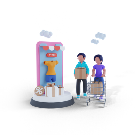 Man and woman shopping from mobile application 3D Illustration