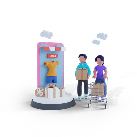 Man and woman shopping from mobile application 3D Illustration