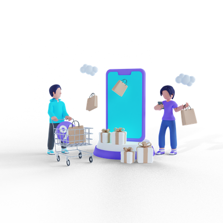 Man and woman shopping on sale day  3D Illustration