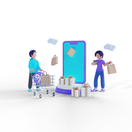 Man and woman shopping on sale day 3D Illustration