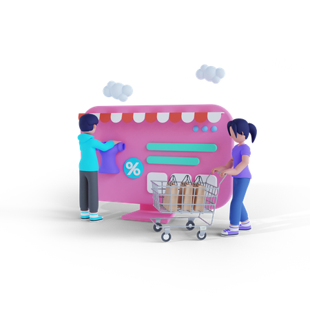 Man and woman shopping together 3D Illustration