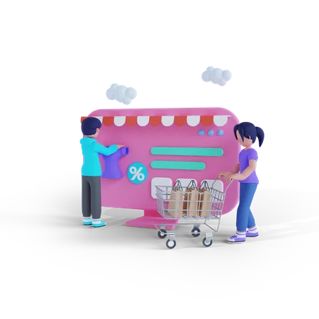 Man and woman shopping together 3D Illustration