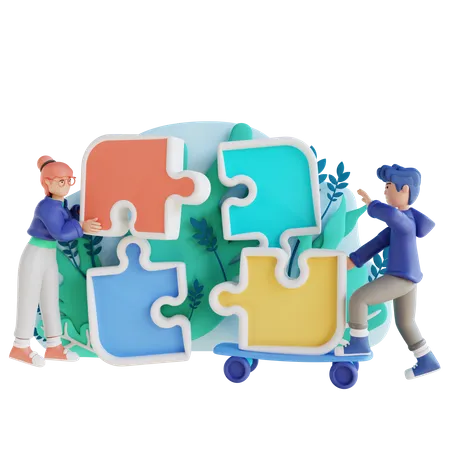 Man and woman solving jigsaw puzzles  3D Illustration