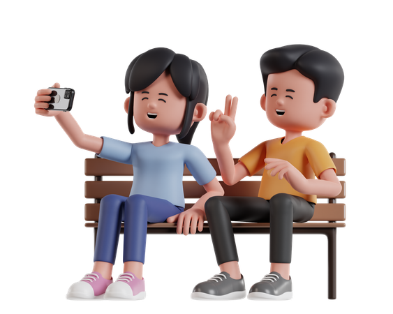 Man And Woman Taking Selfie On Park Bench  3D Illustration