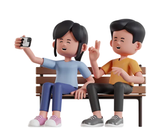 Man And Woman Taking Selfie On Park Bench  3D Illustration