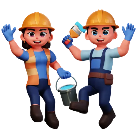 Man and woman with color brush and bucket  3D Illustration