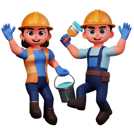 Man and woman with color brush and bucket  3D Illustration