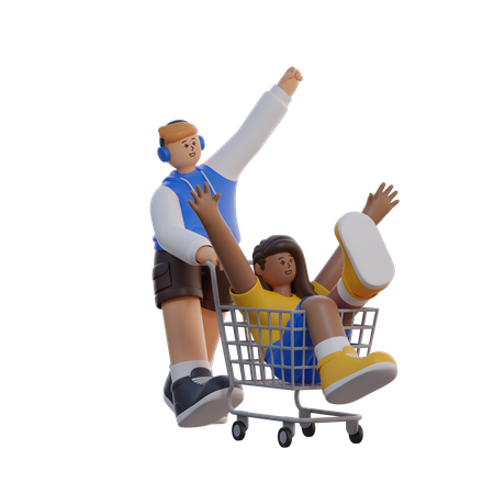 Man and woman with shopping cart  3D Illustration