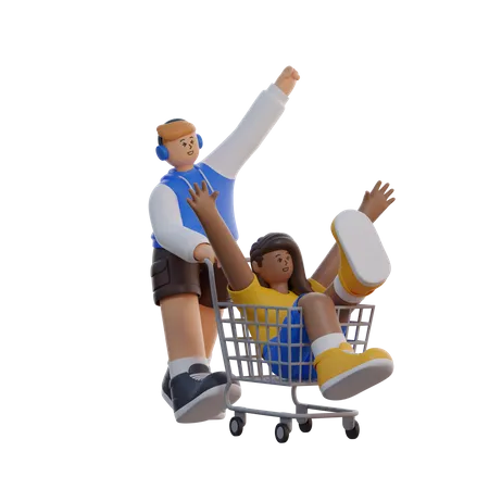 Man and woman with shopping cart  3D Illustration