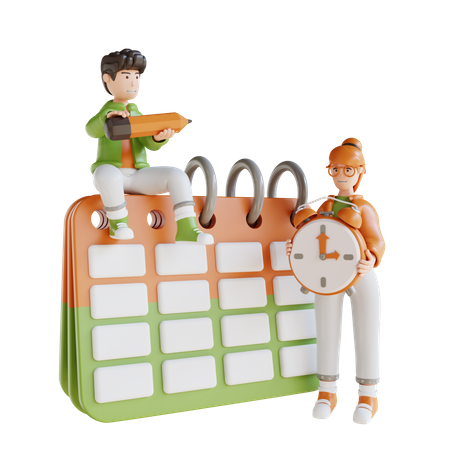 Man And Women With Calendar Clock And Making Schedule  3D Illustration