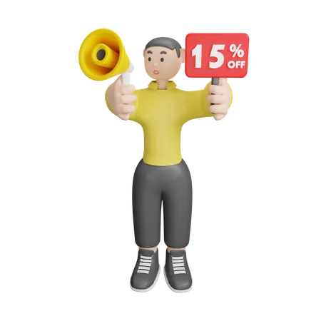 Man Announcing About 15 Percentage Off  3D Illustration