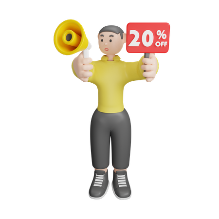 Man Announcing About 20 Percentage Off  3D Illustration