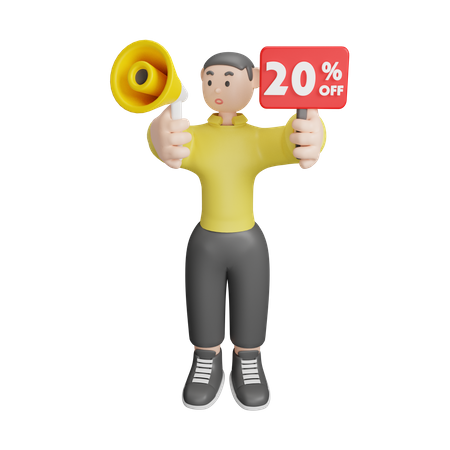 Man Announcing About 20 Percentage Off 3D Illustration