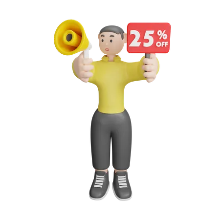 Man Announcing About 25 Percentage Off  3D Illustration
