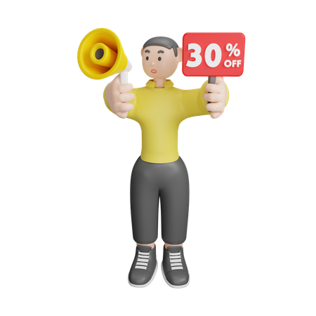 Man Announcing About 30 Percentage Off  3D Illustration