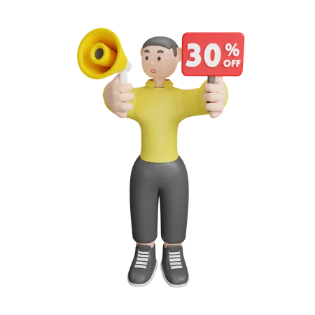 Man Announcing About 30 Percentage Off  3D Illustration