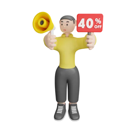 Man Announcing About 40 Percentage Off  3D Illustration