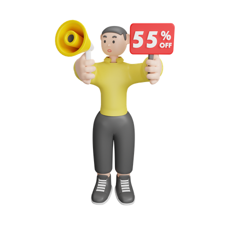 Man Announcing About 55 Percentage Off 3D Illustration