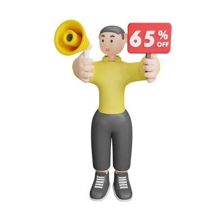 Man Announcing About 65 Percentage Off  3D Illustration