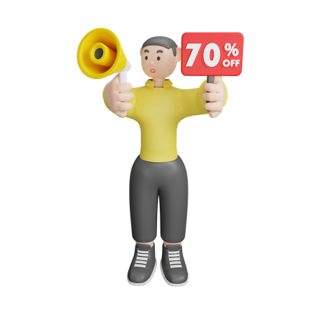 Man Announcing About 70 Percentage Off 3D Illustration