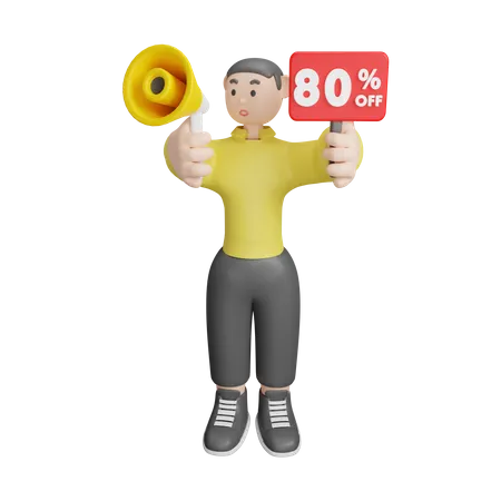 Man Announcing About 80 Percentage Off  3D Illustration