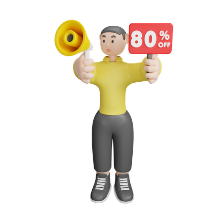 Man Announcing About 80 Percentage Off 3D Illustration