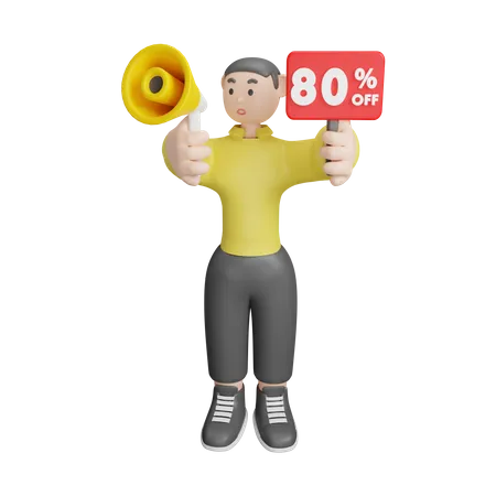 Man Announcing About 80 Percentage Off  3D Illustration