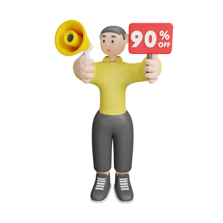 Man Announcing About 90 Percentage Off  3D Illustration