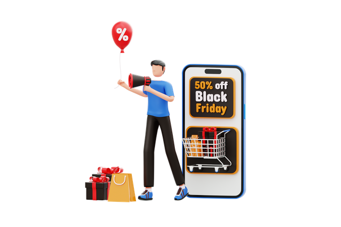Man Announcing Black Friday Online Shopping Promo  3D Icon