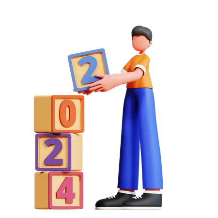 Man Arranging New Year Blocks  3D Illustration