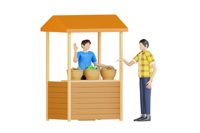 Man Asking Price Of Vegetable At Vegetable Market  3D Illustration