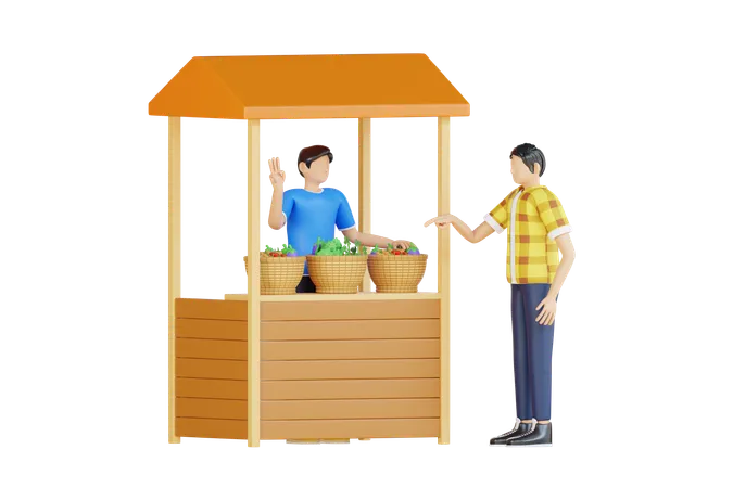 Man Asking Price Of Vegetable At Vegetable Market  3D Illustration