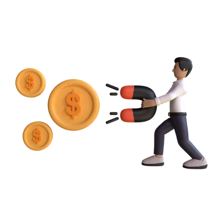 Man Attract Money With A Magnet  3D Illustration