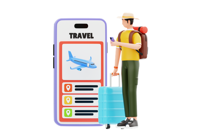 Man Booking Fight Using Travel App  3D Illustration