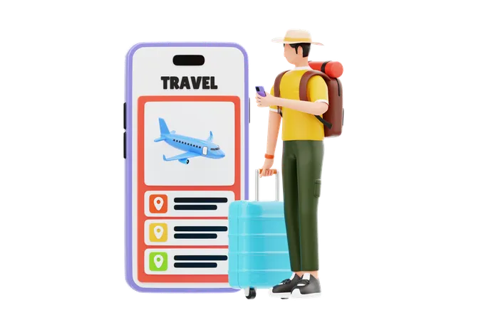 Man Booking Fight Using Travel App  3D Illustration