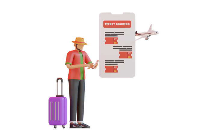 Man booking travel ticket online  3D Icon