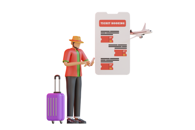 Man booking travel ticket online  3D Illustration