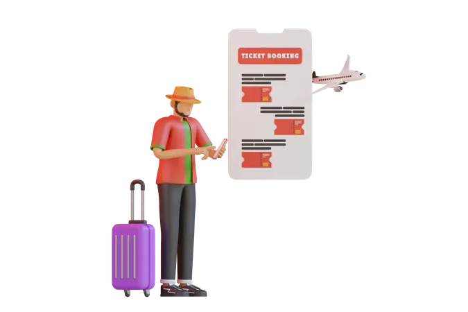 Man booking travel ticket online  3D Illustration