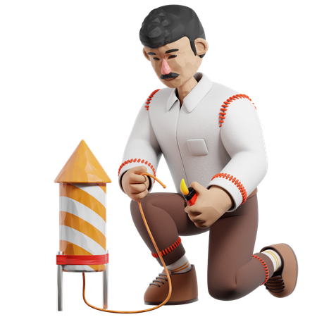 Man Burning Fireworks  3D Illustration