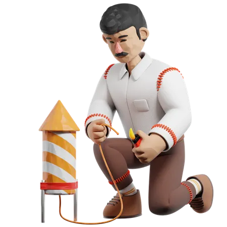 Man Burning Fireworks  3D Illustration