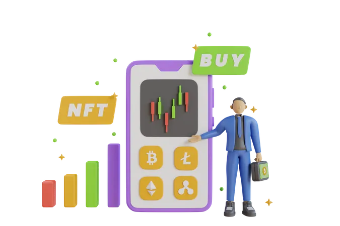Buy Button Of NFT Non Fungible Token For Crypto Art On Blue Background 3 D Rendering Concept NFT Or Non Fungible Token For Artwork 3 D Rendering 3D Illustration