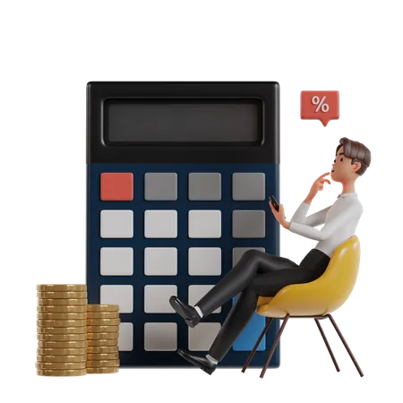 Illustration Of A Man Sitting On A Yellow Chair In Front Of A Calculator Thinking About The Percentage Return On Investment 3D Illustration