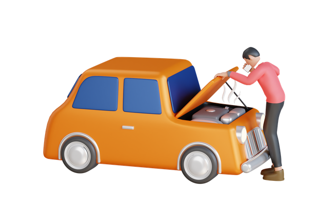 Man Calling For Assistance With His Car Broken Down By Roadside  3D Icon