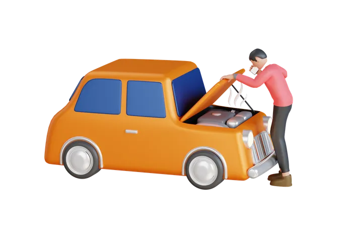 Man Calling For Assistance With His Car Broken Down By The Roadside Man Call Car Service 3 D Illustration 3D Icon