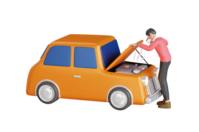 Man Calling For Assistance With His Car Broken Down By Roadside  3D Icon